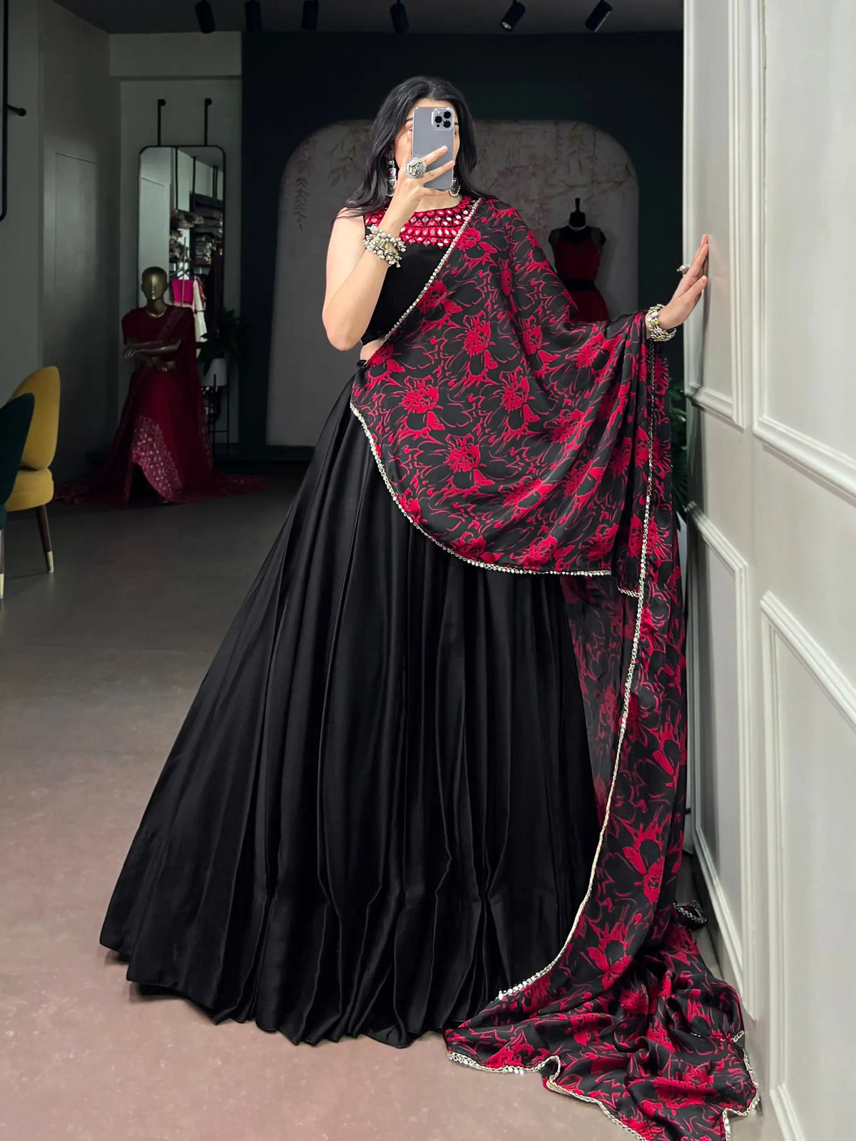 Black Mirror Work Garba Choli With Printed Dupatta