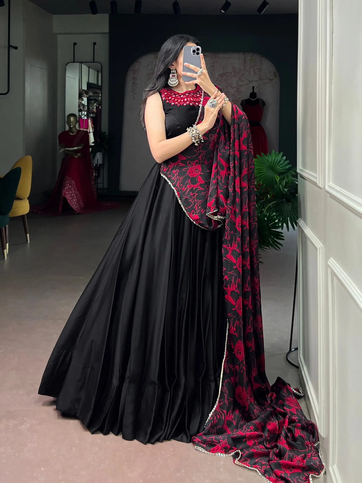 Black Mirror Work Garba Choli With Printed Dupatta