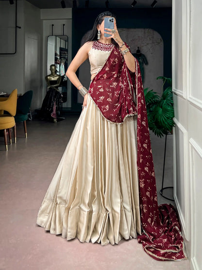 Beige Navratri Lehenga With Mirror Work Blouse