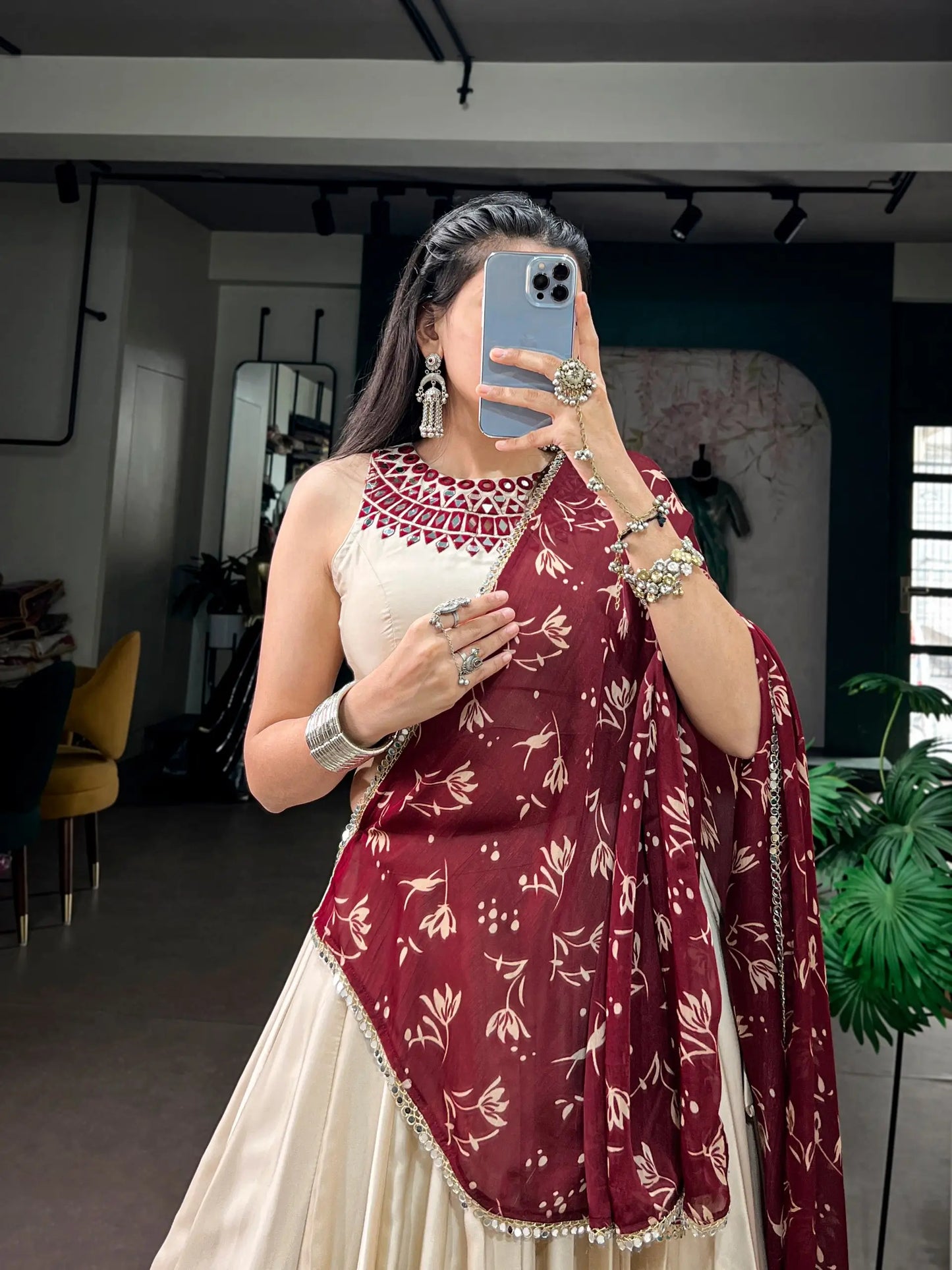 Beige Navratri Lehenga With Mirror Work Blouse
