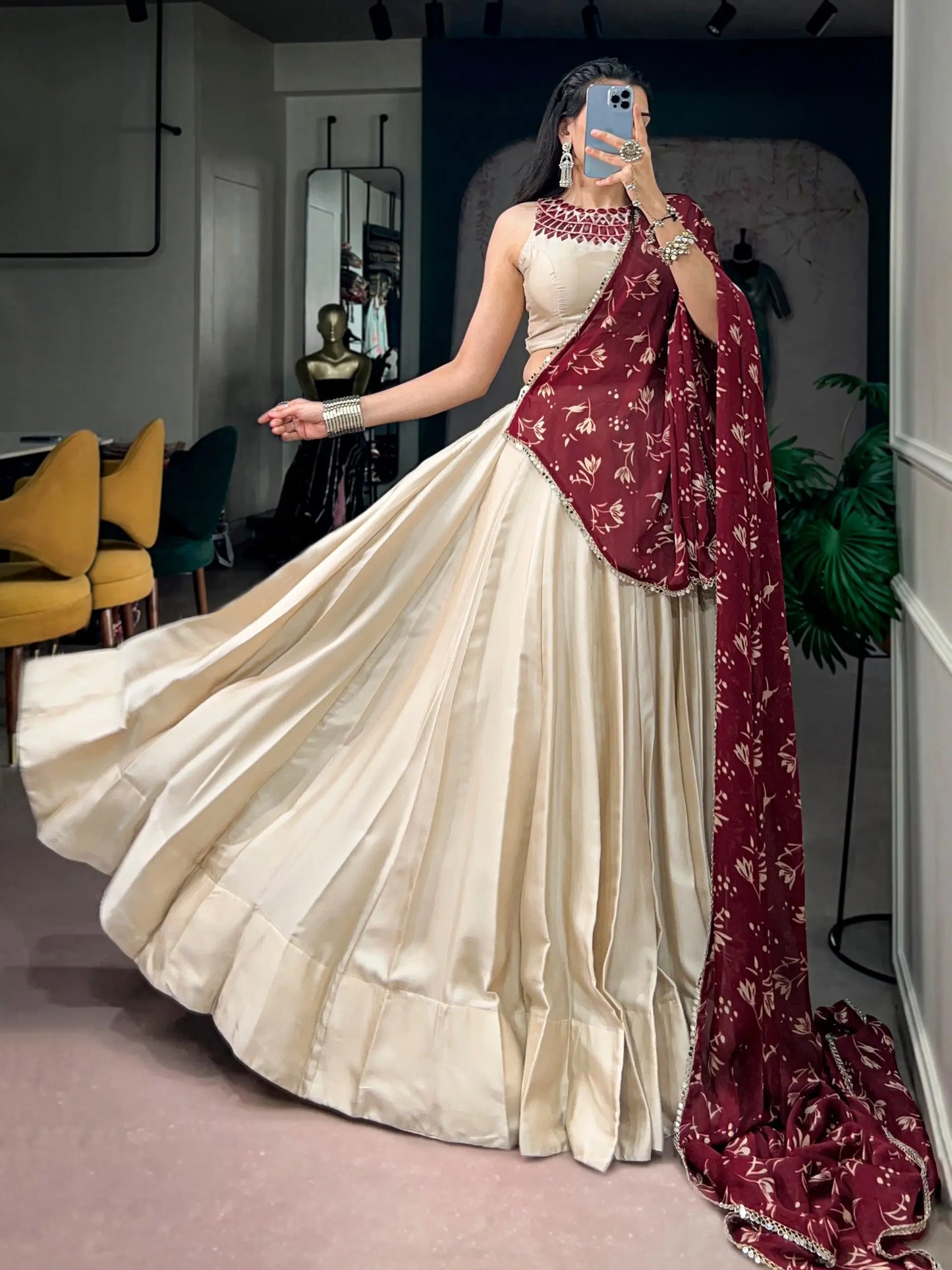Beige Navratri Lehenga With Mirror Work Blouse
