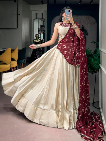Beige Navratri Lehenga With Mirror Work Blouse