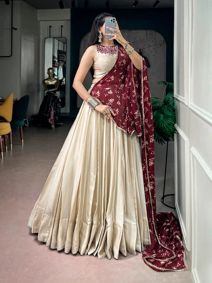 Beige Navratri Lehenga With Mirror Work Blouse