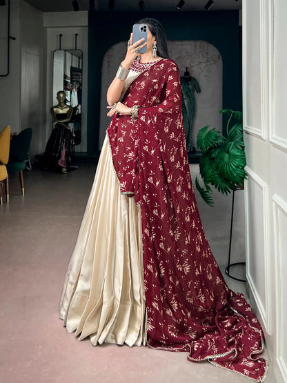 Beige Navratri Lehenga With Mirror Work Blouse
