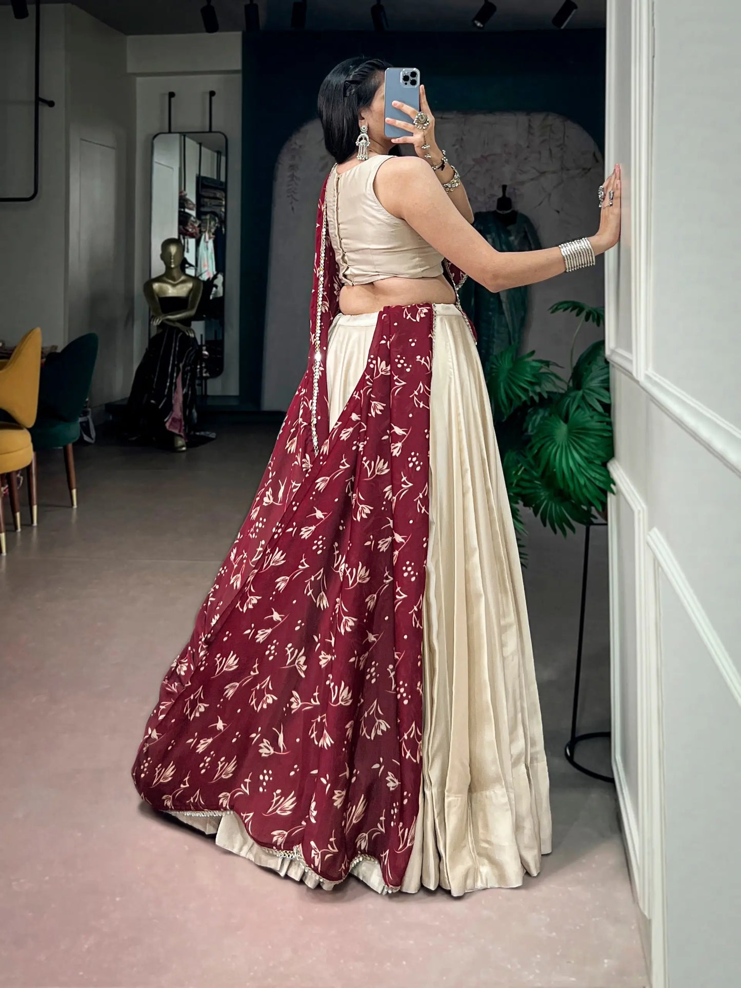 Beige Navratri Lehenga With Mirror Work Blouse