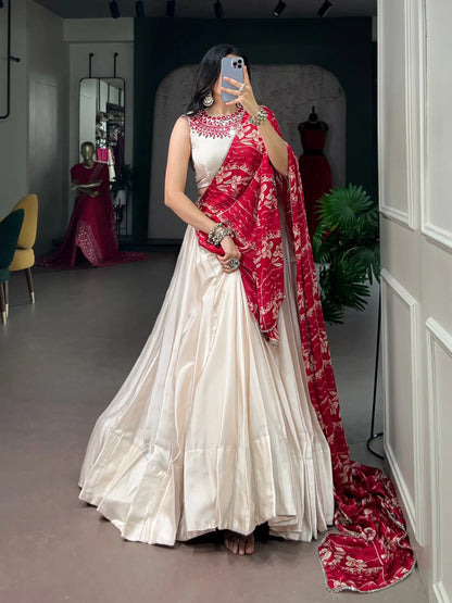 Off White Mirror Work Garba Choli With Printed Dupatta
