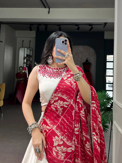 Off White Mirror Work Garba Choli With Printed Dupatta