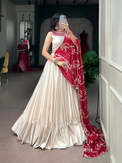 Off White Mirror Work Garba Choli With Printed Dupatta