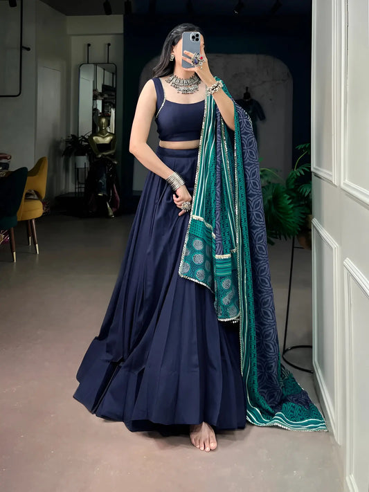 Navy Blue Garba Chaniya Choli With Printed Dupatta