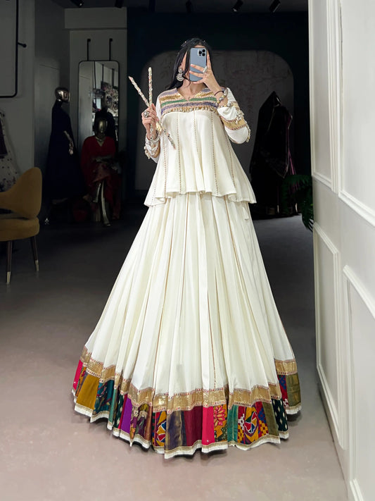 White Rayon Navratri Lehenga Choli With Lace & Patch Work