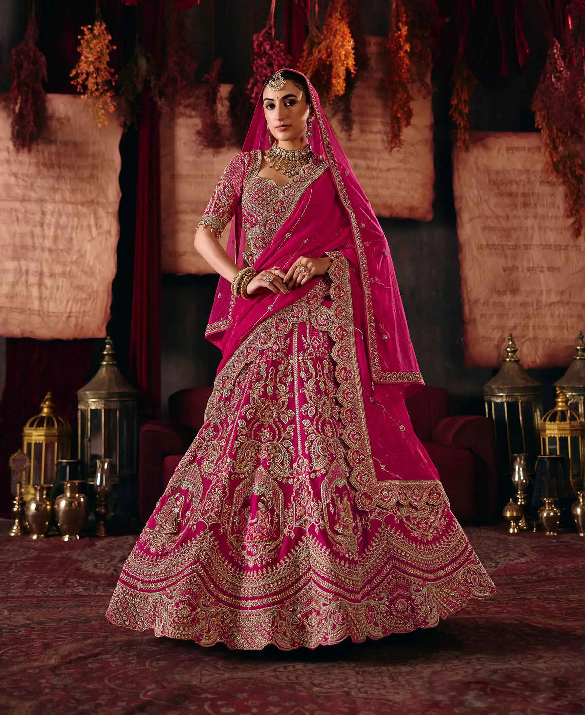Rani Pink Bridal Lehenga Choli & 2 Dupatta