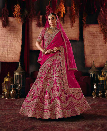 Rani Pink Bridal Lehenga Choli & 2 Dupatta