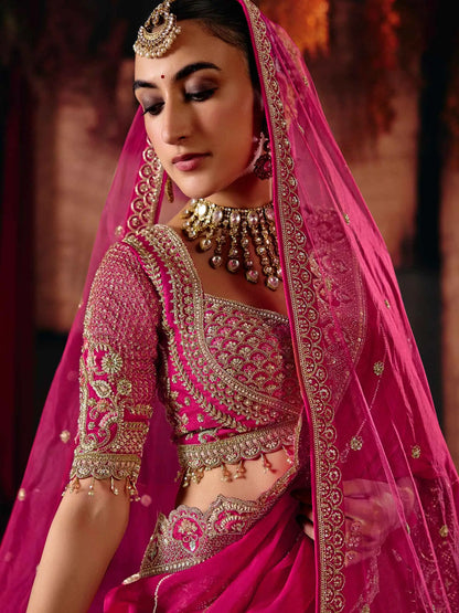 Rani Pink Bridal Lehenga Choli & 2 Dupatta