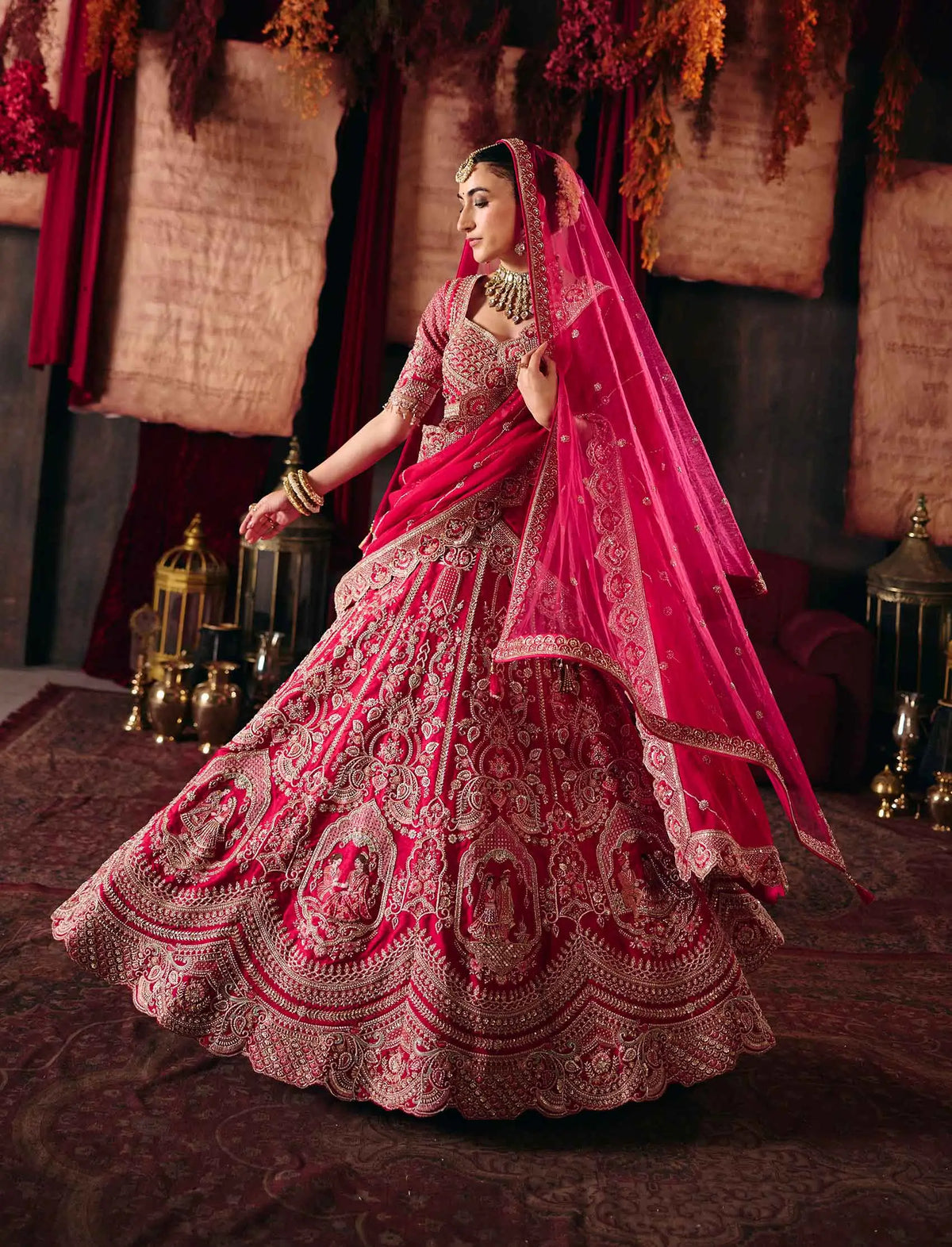 Rani Pink Bridal Lehenga Choli & 2 Dupatta
