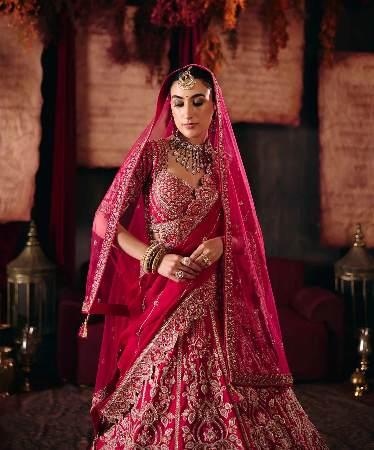 Rani Pink Bridal Lehenga Choli & 2 Dupatta