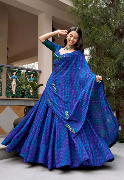 Blue Navratri Lehenga With Print & Mirror Work