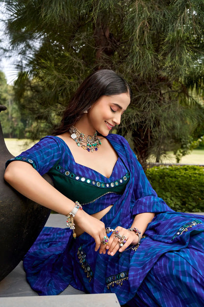 Blue Navratri Lehenga With Print & Mirror Work