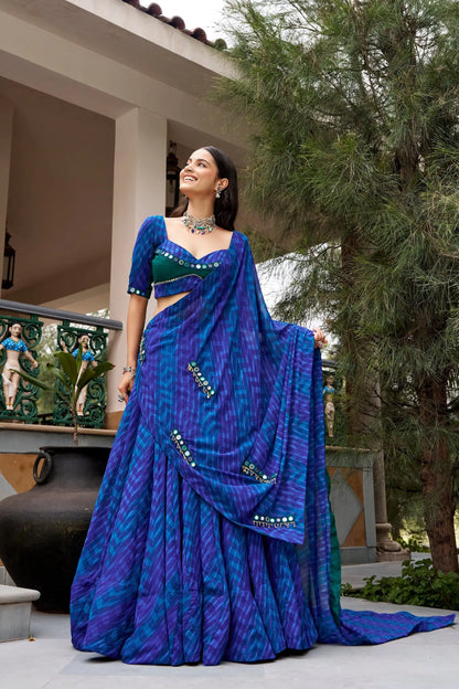 Blue Navratri Lehenga With Print & Mirror Work