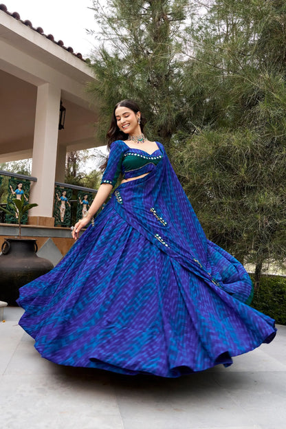 Blue Navratri Lehenga With Print & Mirror Work