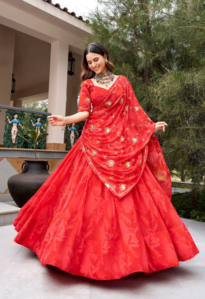 Red Navratri Lehenga With Print & Embroidery Work
