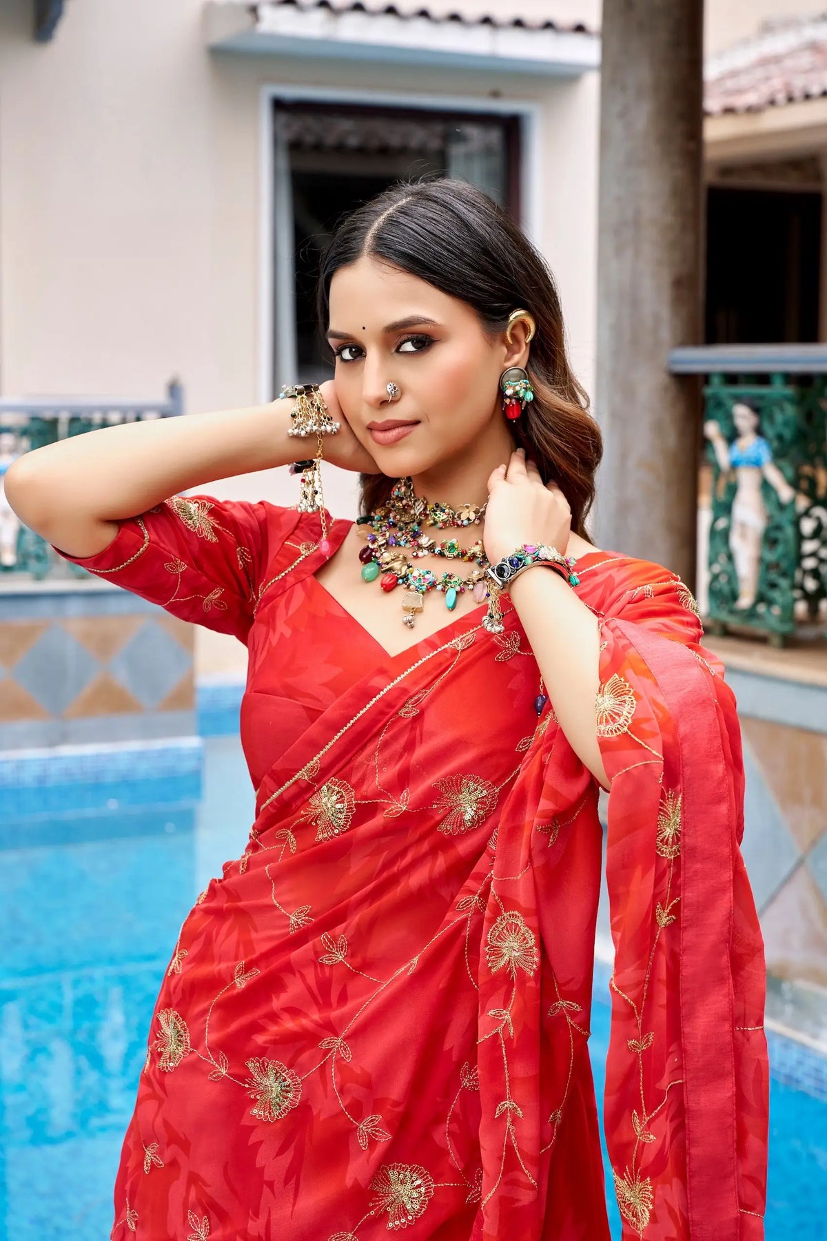 Red Navratri Lehenga With Print & Embroidery Work