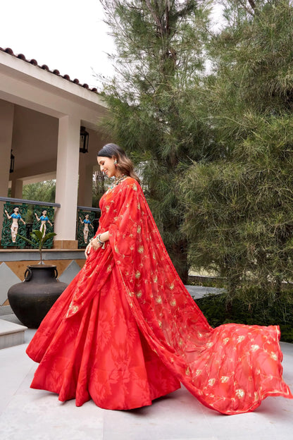 Red Navratri Lehenga With Print & Embroidery Work