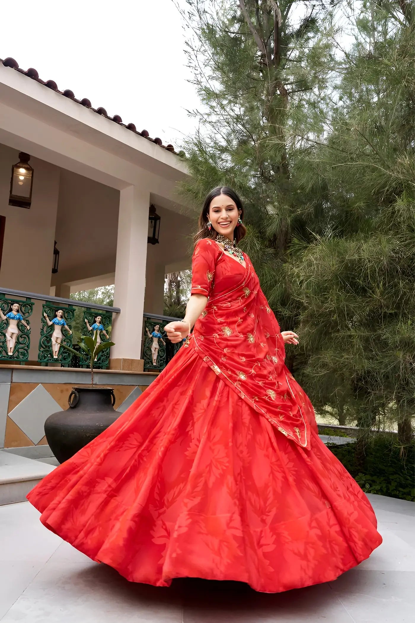 Red Navratri Lehenga With Print & Embroidery Work