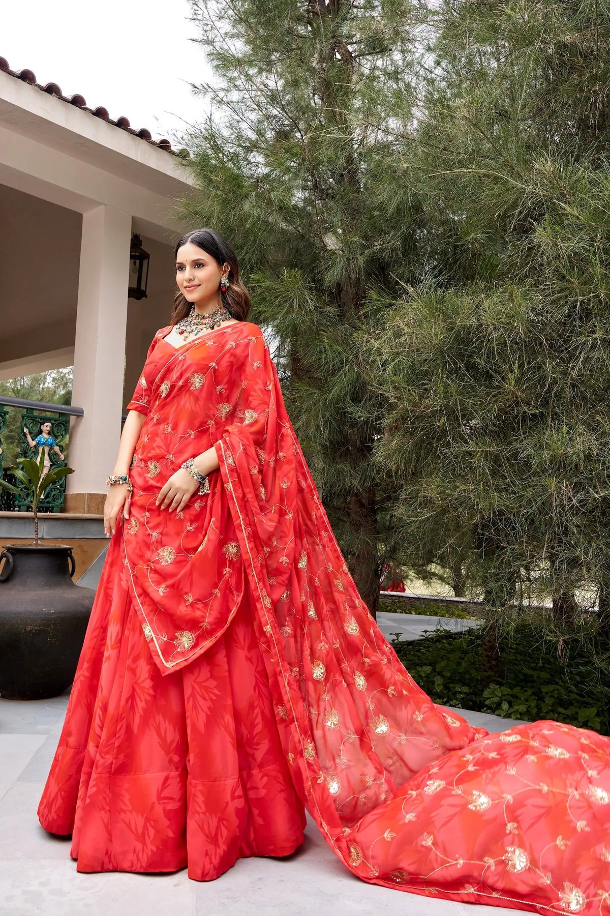 Red Navratri Lehenga With Print & Embroidery Work