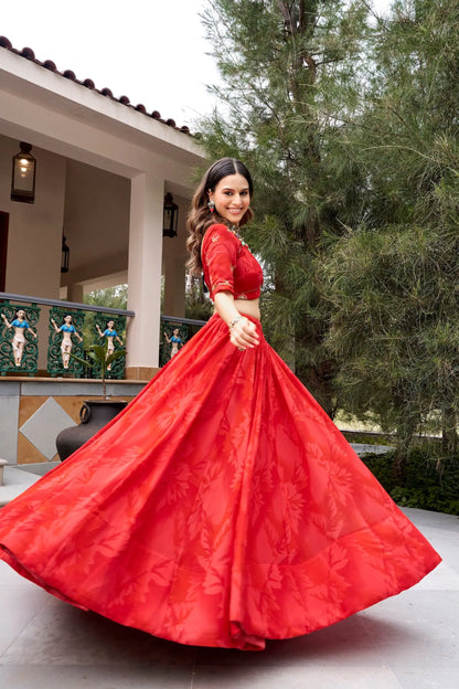 Red Navratri Lehenga With Print & Embroidery Work