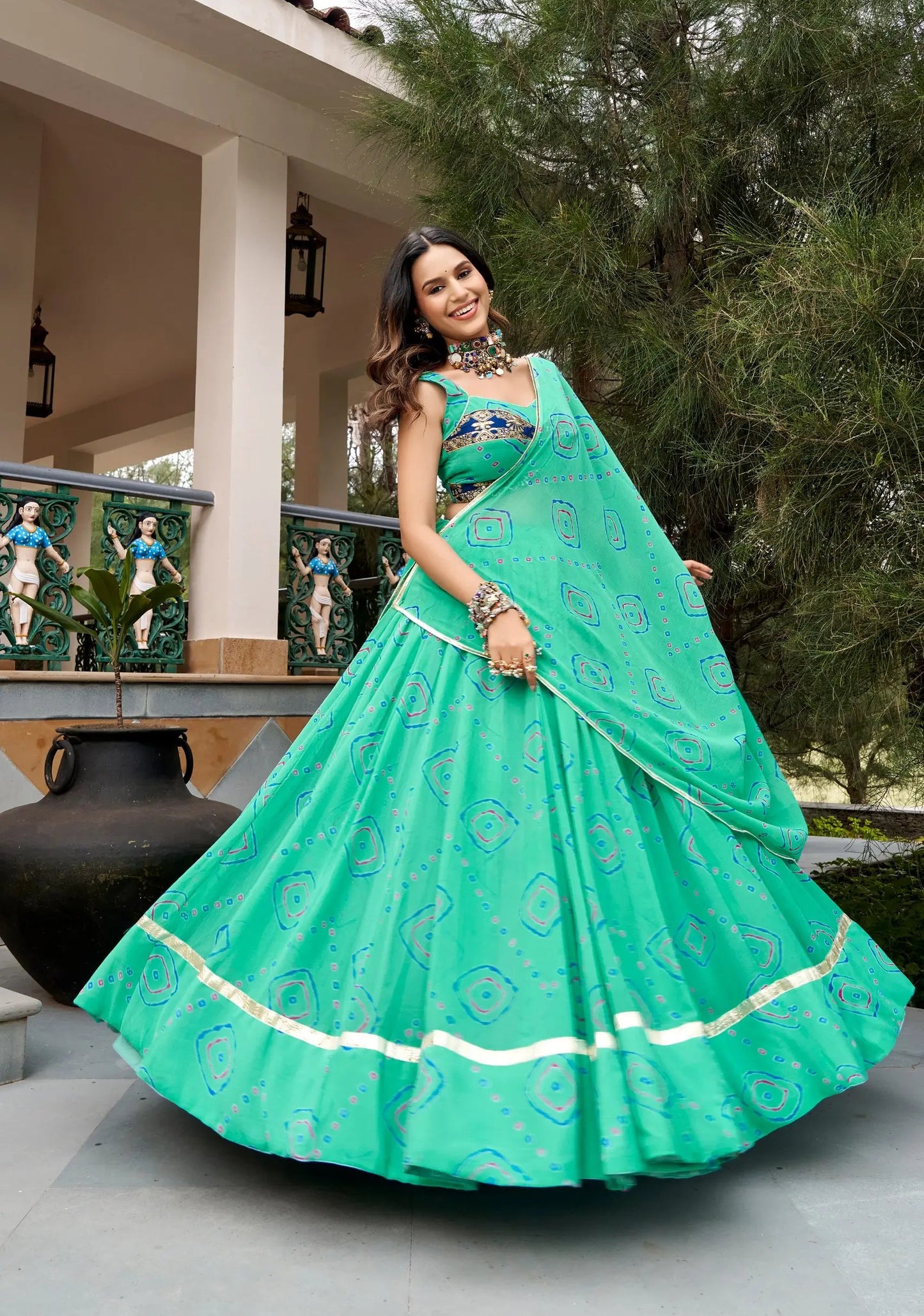 Aqua Green Navratri Lehenga With Bandhej Print & Lace Work