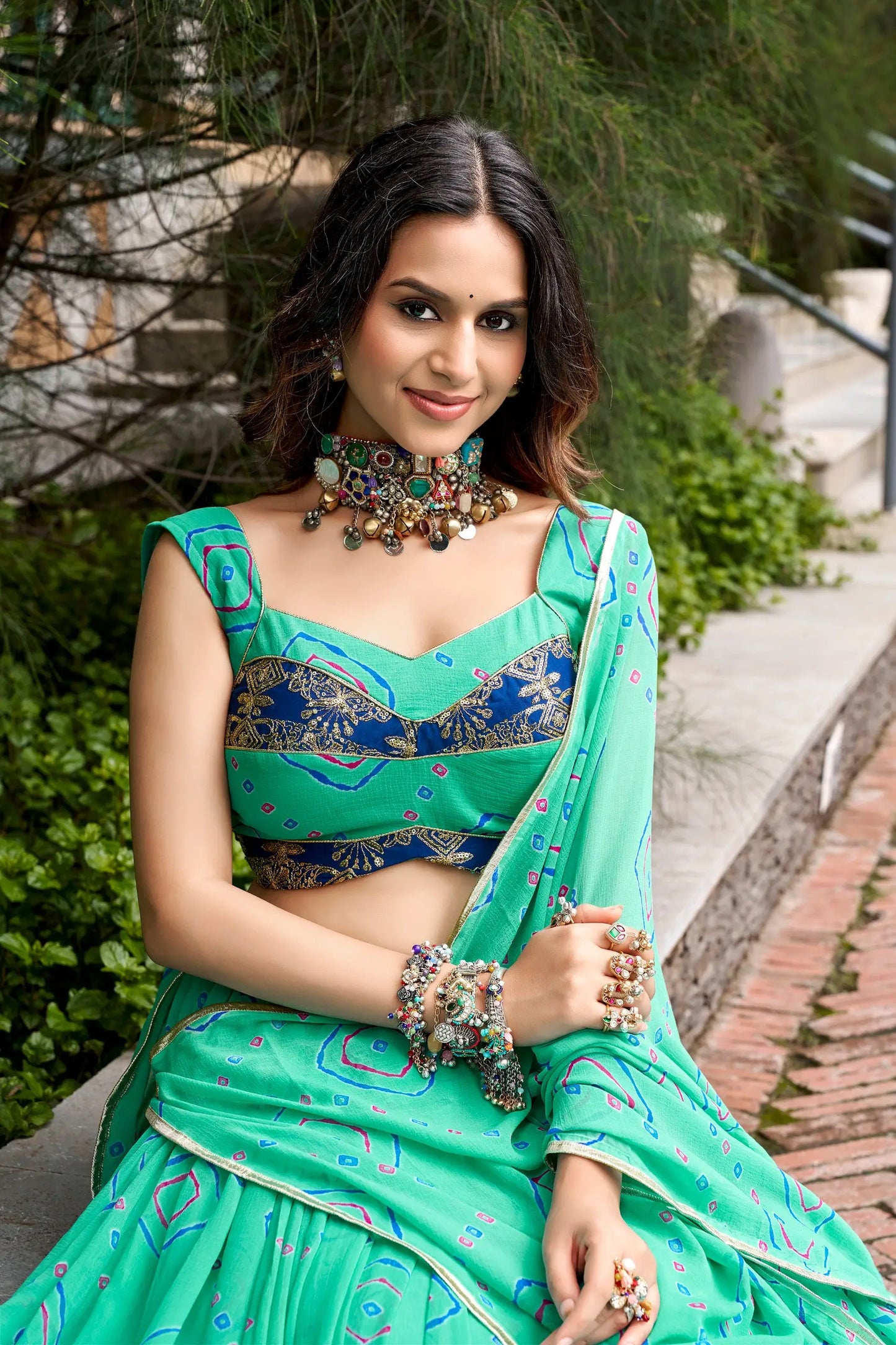 Aqua Green Navratri Lehenga With Bandhej Print & Lace Work