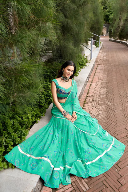 Aqua Green Navratri Lehenga With Bandhej Print & Lace Work