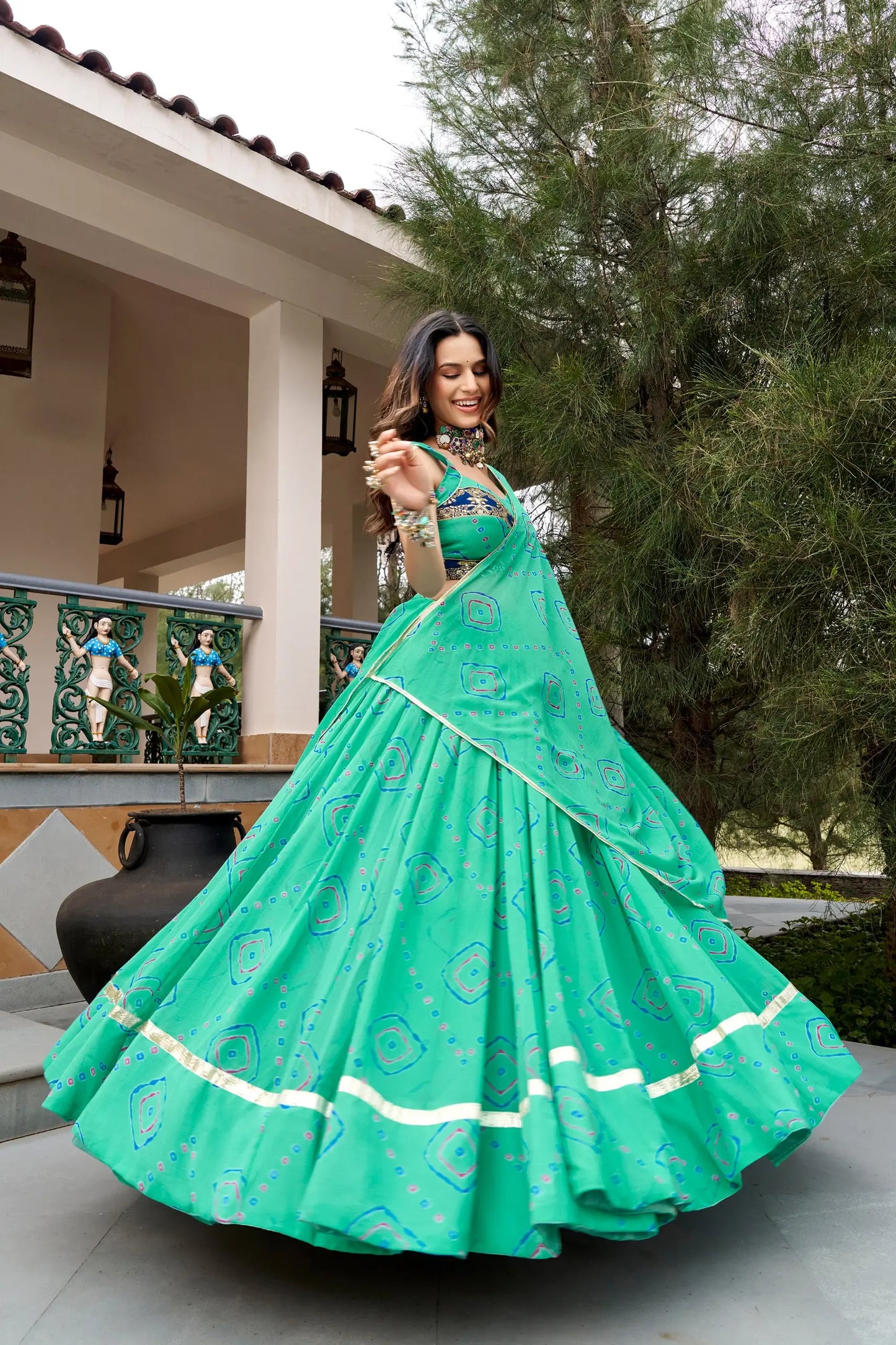 Aqua Green Navratri Lehenga With Bandhej Print & Lace Work