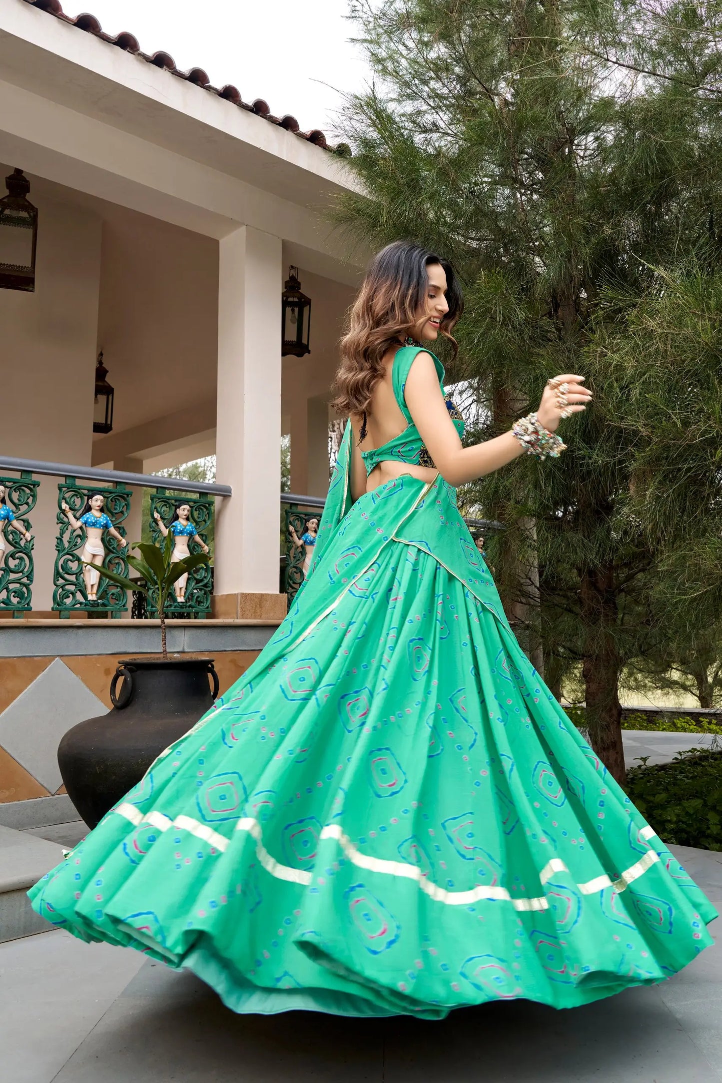 Aqua Green Navratri Lehenga With Bandhej Print & Lace Work
