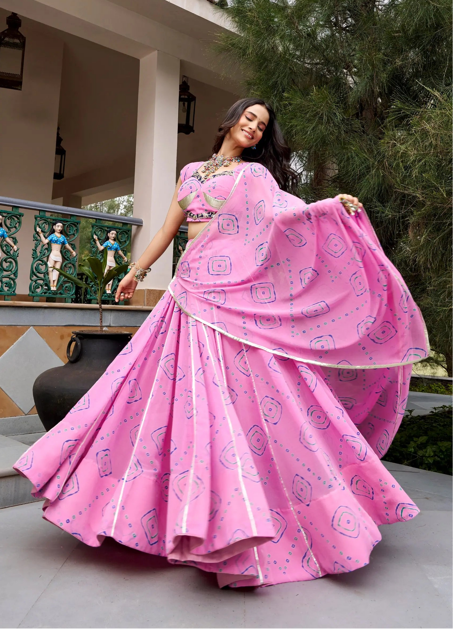 Light Pink Navratri Lehenga With Bandhej Print & Lace Work