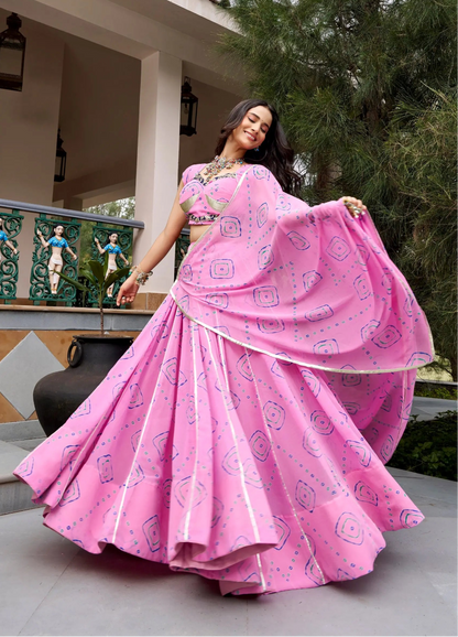 Light Pink Navratri Lehenga With Bandhej Print & Lace Work