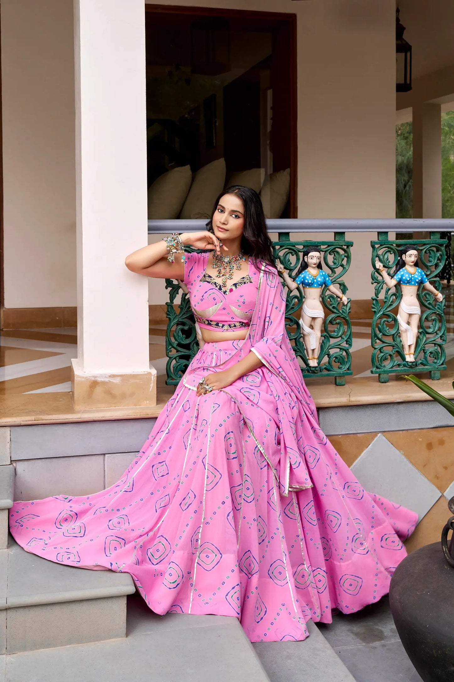 Light Pink Navratri Lehenga With Bandhej Print & Lace Work