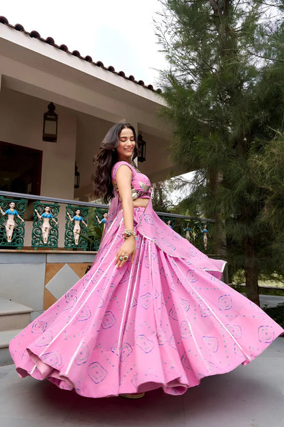 Light Pink Navratri Lehenga With Bandhej Print & Lace Work