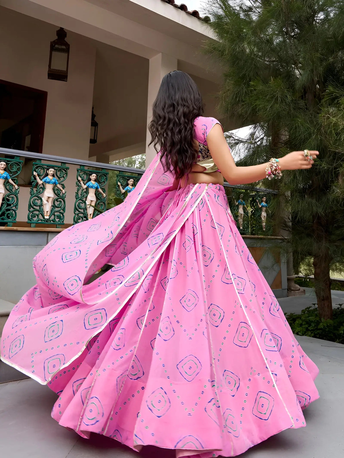 8 Meter Flair | Light Pink Navratri Lehenga With Bandhej Print & Gota Patti