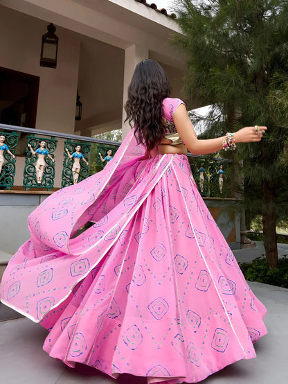 8 Meter Flair | Light Pink Navratri Lehenga With Bandhej Print & Gota Patti
