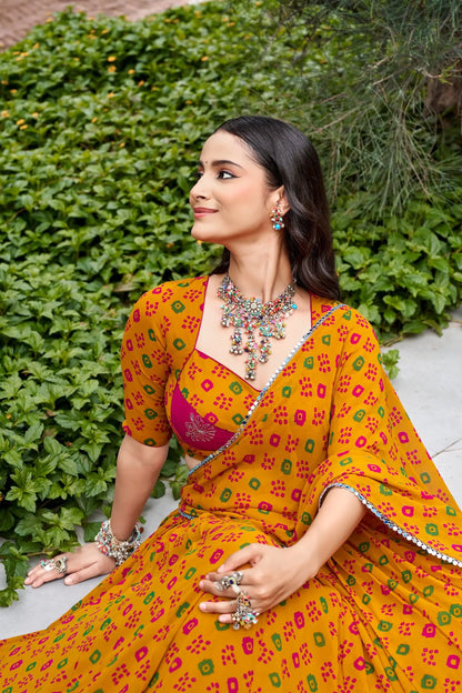 Mustard Bandhej Print Garba Chaniya Choli