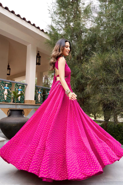 Pink Bandhej Print Garba Chaniya Choli
