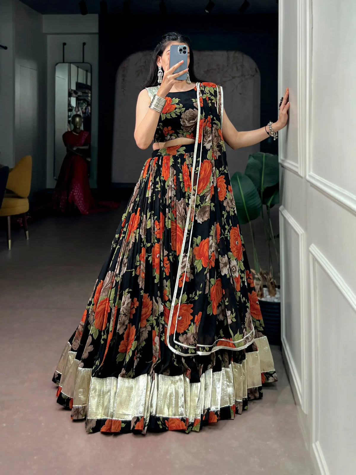 Black-Orange Floral Print Garba Chaniya Choli