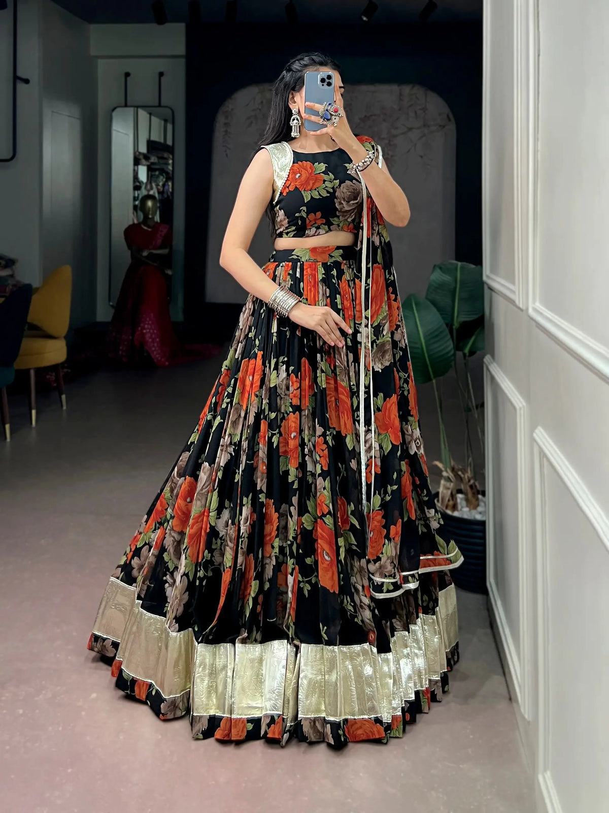 Black-Orange Floral Print Garba Chaniya Choli