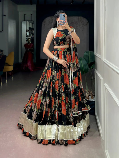 Black-Orange Floral Print Garba Chaniya Choli