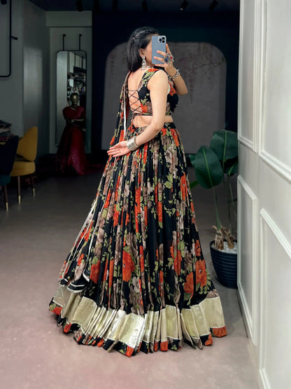 Black-Orange Floral Print Garba Chaniya Choli