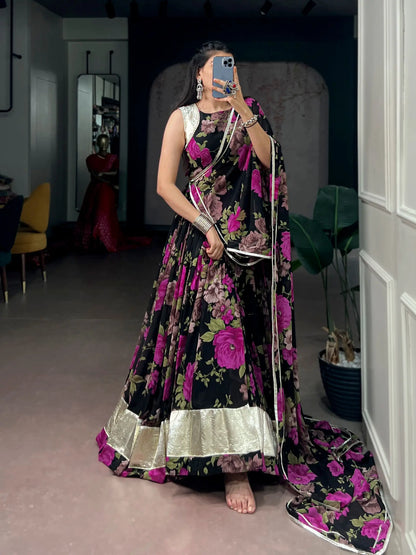 Black-Pink Floral Print Garba Chaniya Choli