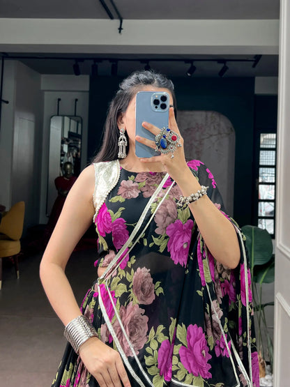 Black-Pink Floral Print Garba Chaniya Choli