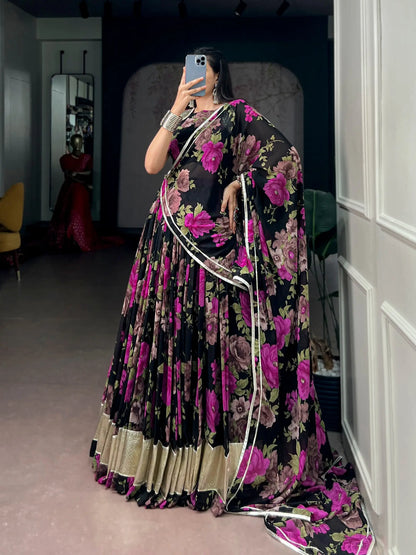 Black-Pink Floral Print Garba Chaniya Choli