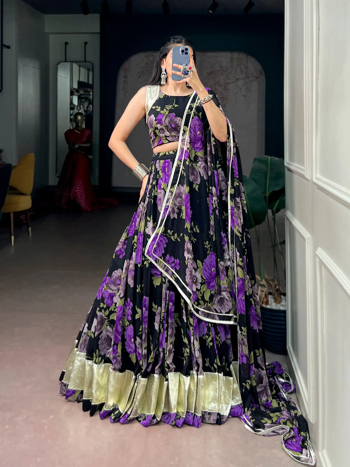 Black-Purple Floral Print Garba Chaniya Choli